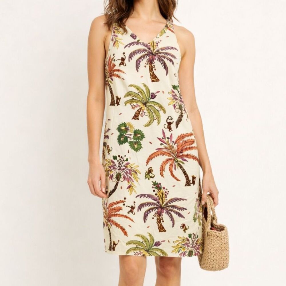 Muse Cream Novelty Print Beaded Mini Dress Monkeys Palm Trees Racerback Size 10